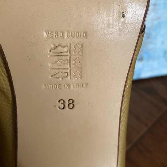 Linea Verde Sz 38 Italian Marigold Leather Snake Square Toe Heel Mesh Cut Outs - Picture 9 of 12
